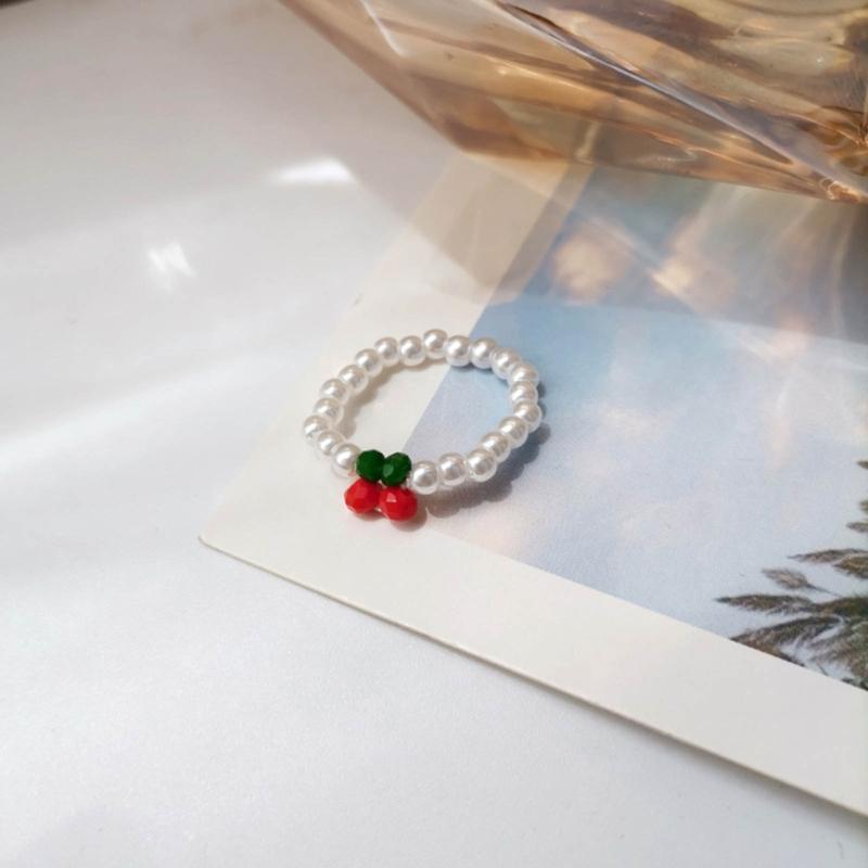 Red Cherry Rings Adjustable Size Beads String Rings Lightweight Elastic Rope Finger Rings Daily Wear Cherry Beaded Rings