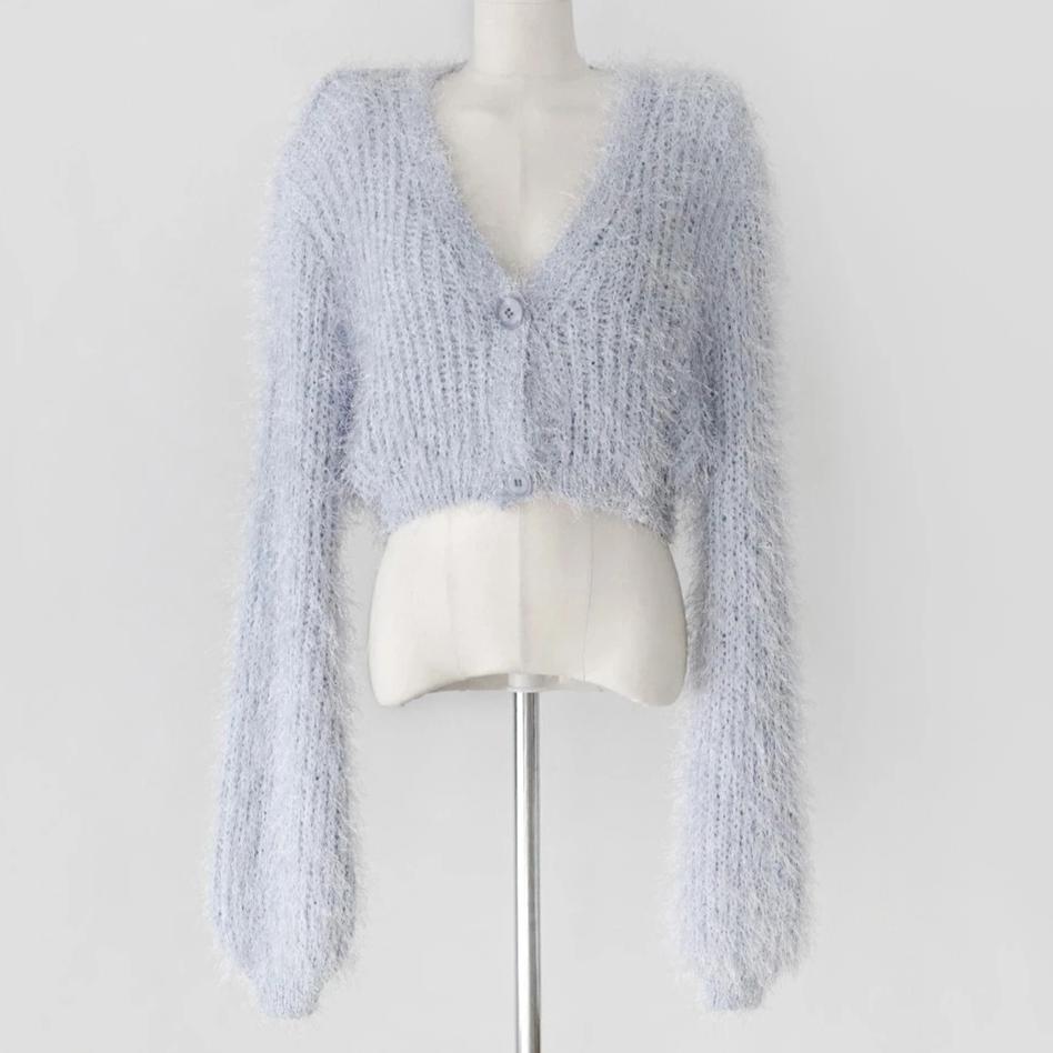 Fluffy Short Sweater Sexy V-neck Long Sleeved Single Breasted Coat Korean Chic Knitting Top Fashion Pink Cropped Cardigan Mujer