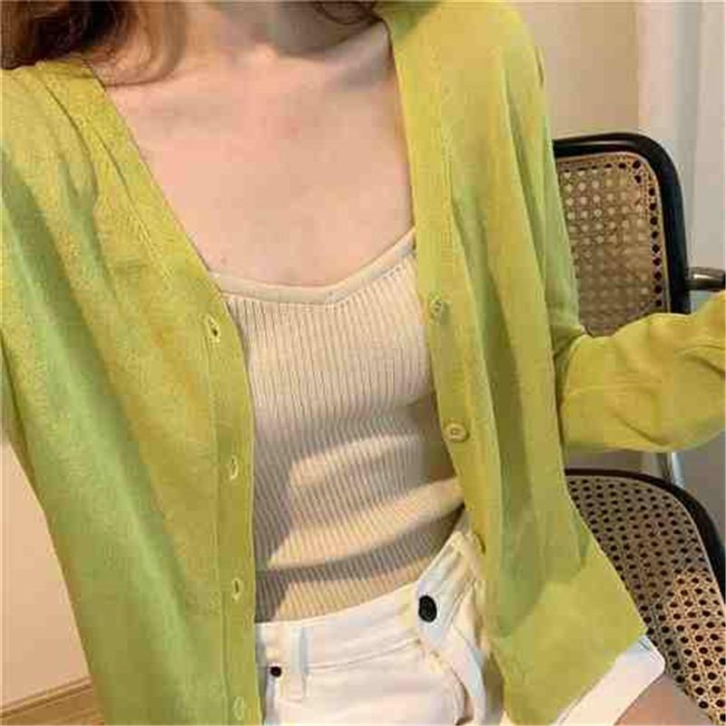 Módní letní pletené sluneční tričko Nové dámské ležérní kardigany s dlouhým rukávem V výstřih Tenký top Jednobarevné Jednoduché Elegantní halenky 3668