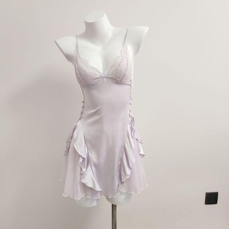 

Sexy Nightdress Women s Suspender Pajamas with Chest Pad Can Be Outerwear Homewear Lace Satin Beauty Back Skirt Summer New Arrival Lilac (with chest pad not removable) 165 (L)