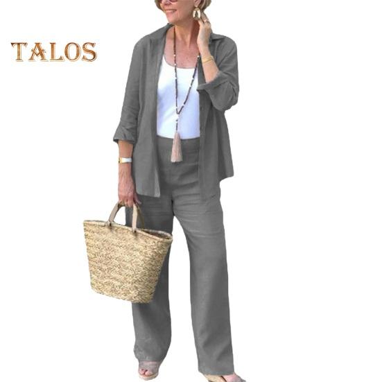 2-teiliges Damen-Outfit mit Revers, langen Ärmeln, Knopfverschluss, Hemd mit hoher Taille, geradem, weitem Bein und langen Hosen