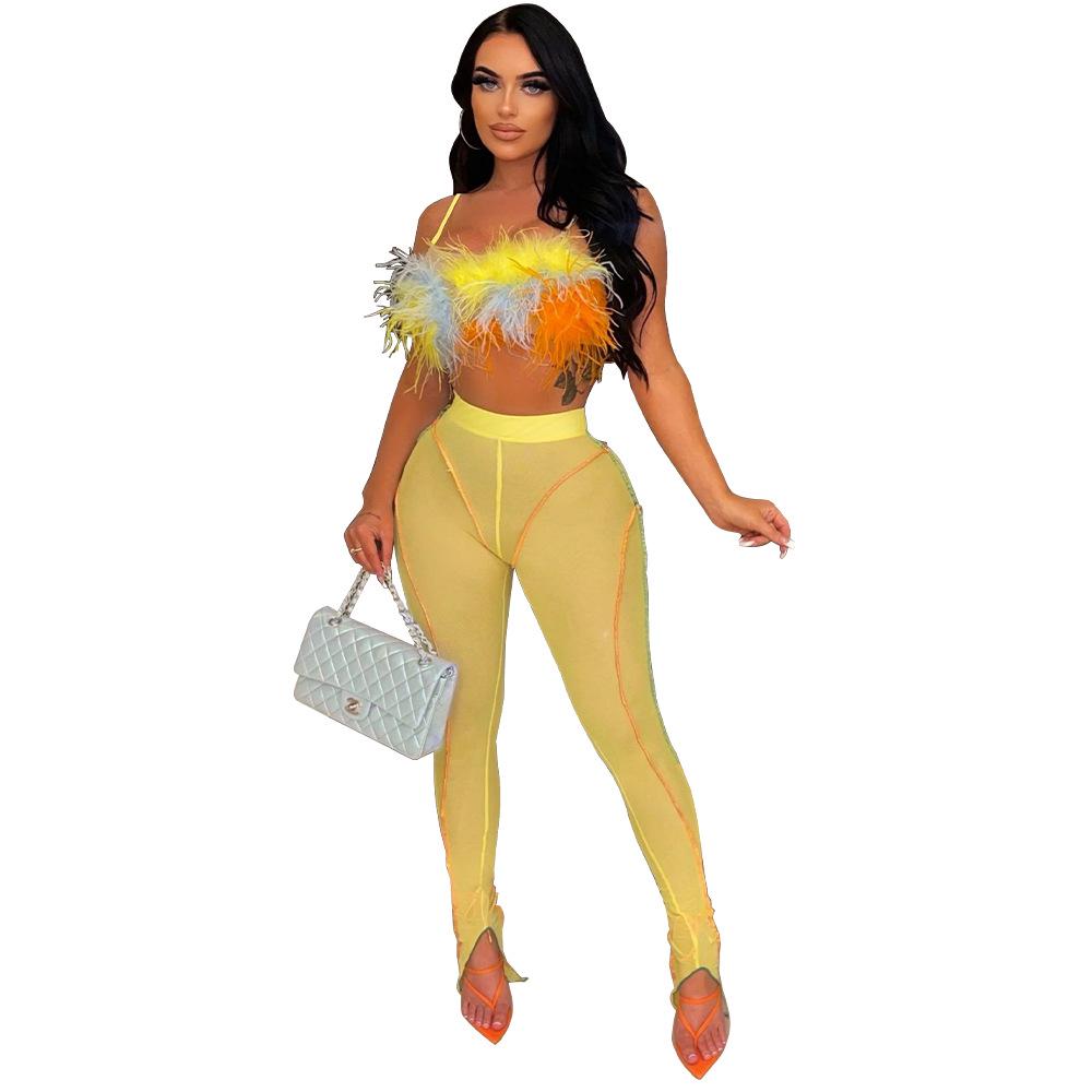 

K10179 Женский летний сексуальный клубный комплект из двух предметов: перьевой камзол и брюки Double Extra Large жёлтый