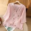 Women's Floral Embroidered V Neck Blouse Traditional Chinese Casual Shirt