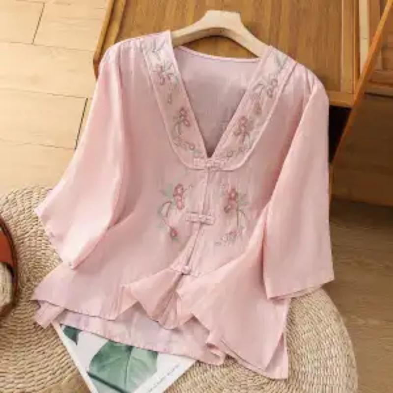 Women's Floral Embroidered V Neck Blouse Traditional Chinese Casual Shirt