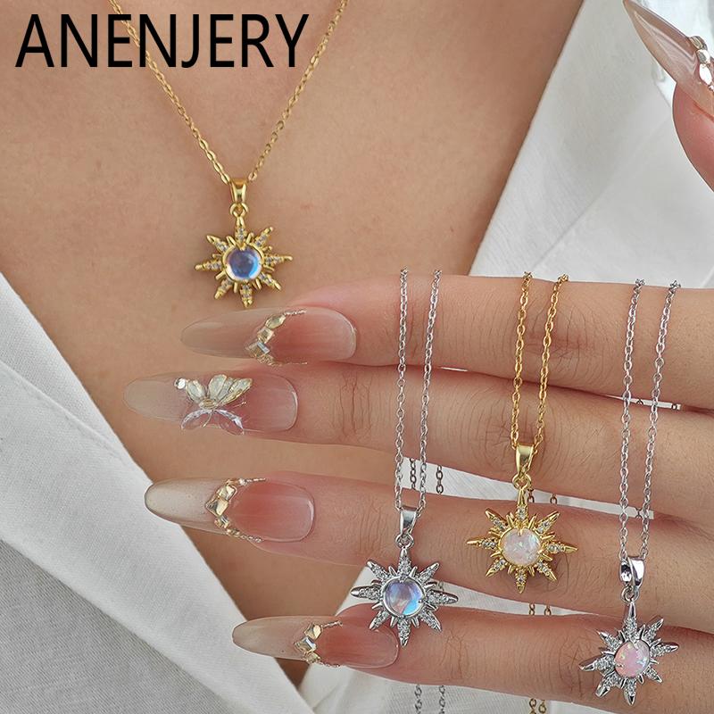 ANENJERY Colar com Pingente Geométrico Sol Zircônia em Aço Inoxidável 316L Para Mulheres Moda Personalidade Joias de Luxo Presentes