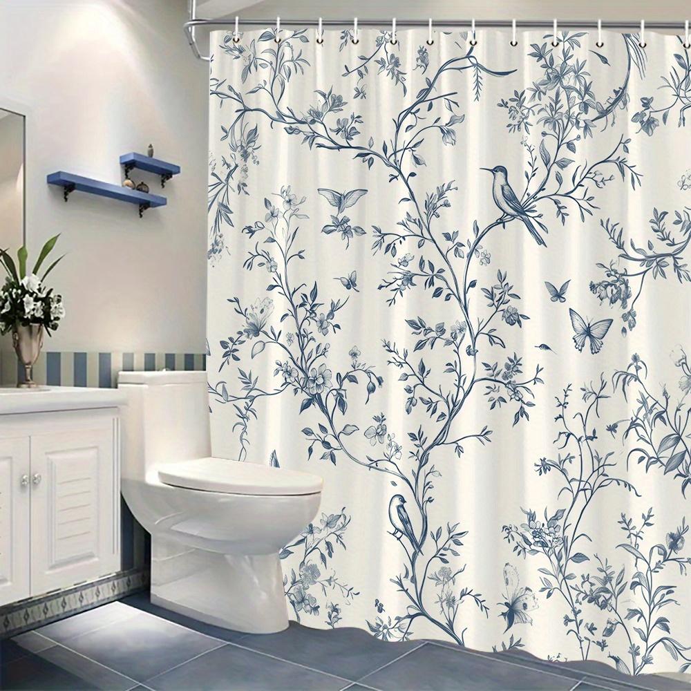 Vintage Blue Floral Shower Curtain Waterproof Fabric Bathroom Curta Bird Butterfly Toile Print Bath Screen Divider Home Decor