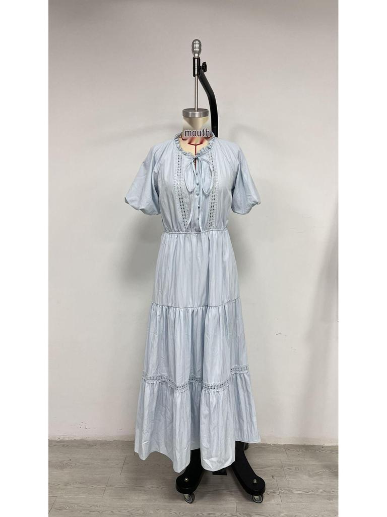 European and American Style Women's Lace Short Sleeve Dress - High Waist Slimming Mid-Length Dress