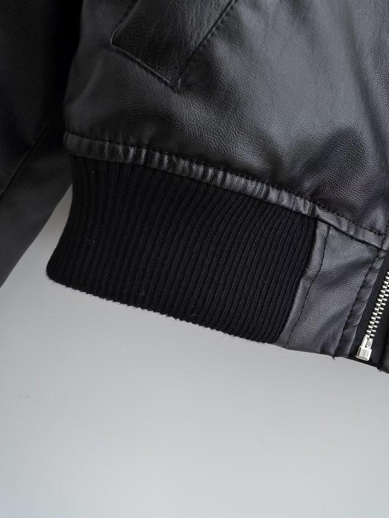 Autumn 2024 Women's European-American Style Washed Faux Leather Flight Jacket 6318223