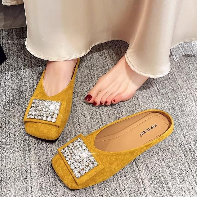 Fashion Rhinestone Square Toe Flat Women's Slippers and Ladies Sandals New Fashion Slides On Sale Chic Elegant Low Price Shoes Promotion