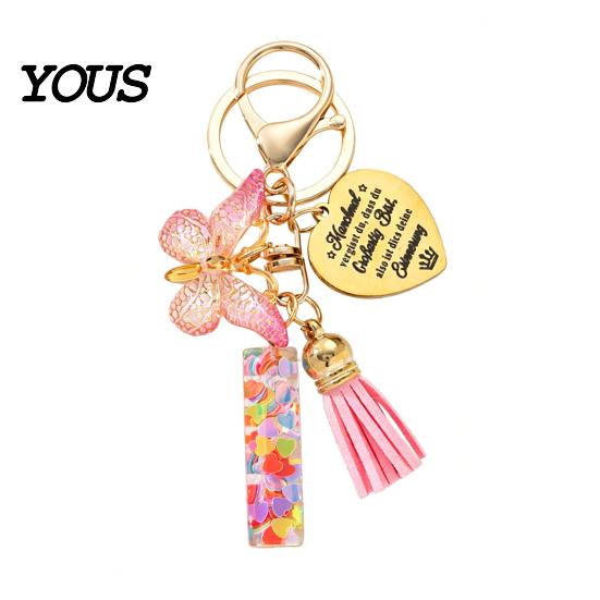Keychain Pendant Pendant, Sequins Initial Letter Charm Key Chain with Butterfly Tassel Stainless Durable Steel Heart Design, A-Z Holder for Bag