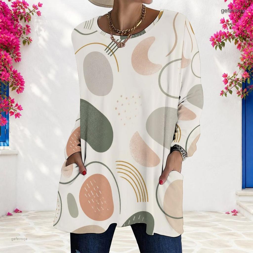 Women Plus Size Round Neck Long Sleeve Abstract Print Loose Longline T Shirt With Pockets
