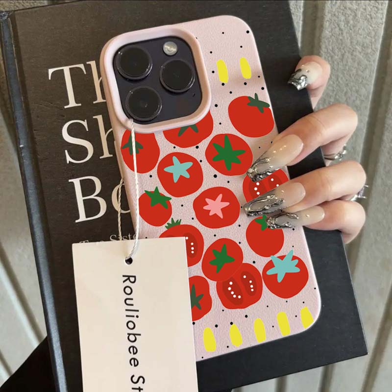 Case For iPhone 11 12 13 14 15 16 Pro Max New Ins Creative Tomato Print Lichee Pattern Cover For iPhone XS Max X XR 16 Plus 16e