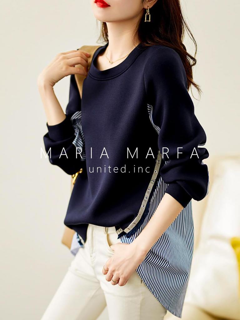 Maria Marfa Switch Sweatshirt Pullover Light No Long Navy Loose Everyday Korean Docking Mixed-Material Blouse, Striped, Spring/Summer, Stylish, Cool,