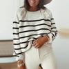 Women's Stripe Knitted Sweater Round Neck Shoulder Button Pullover Sweater