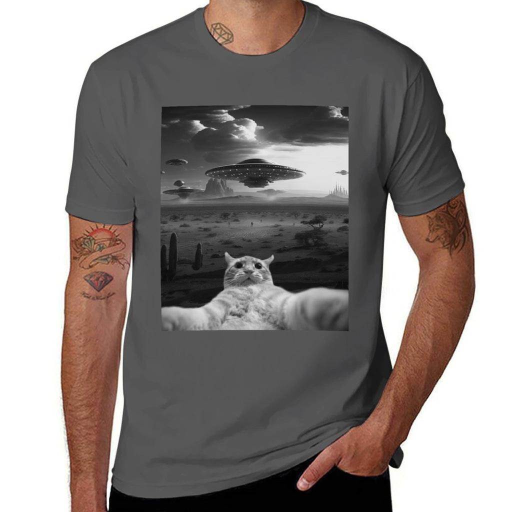 Alien UFO Funny Cat T-Shirt T Shirts for Man Cotton Funny T Shirts Cotton 100% T-Shirt