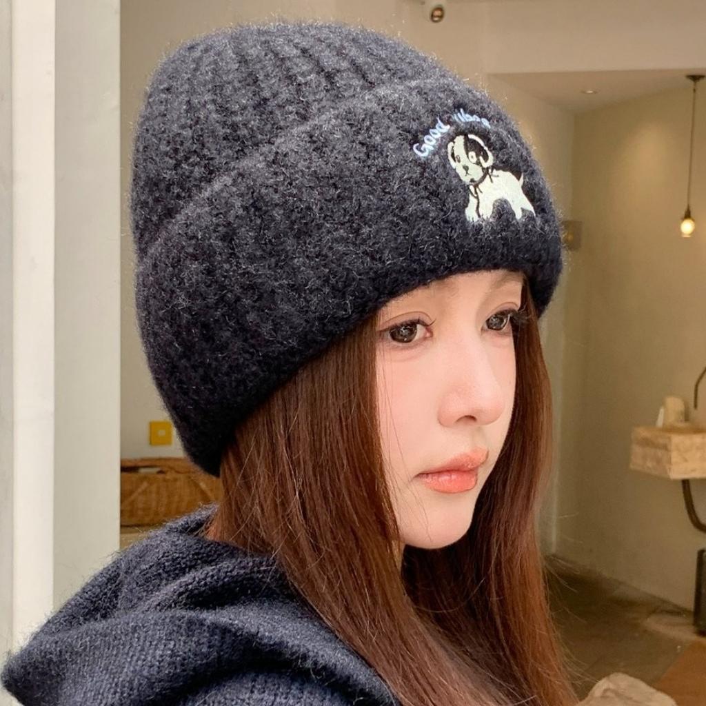 Cute Puppy Knitted Hat Autumn and Winter Face Small Hat Women's Lazy Wind Wool Hat Warm Ear Protection Cold Hat
