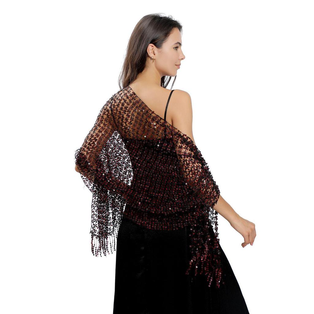 Sequin Tassel Shawl Dress: European & American Style Evening Party Cheongsam with Embroidered Shawl Scarf for Women