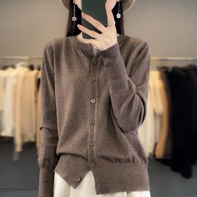 Pulover scurt de primăvară și toamnă, în amestec de lână, pentru femei, cu decolteu în V rotund, de culoare uni, tricot cu nasturi, jachetă cardigan