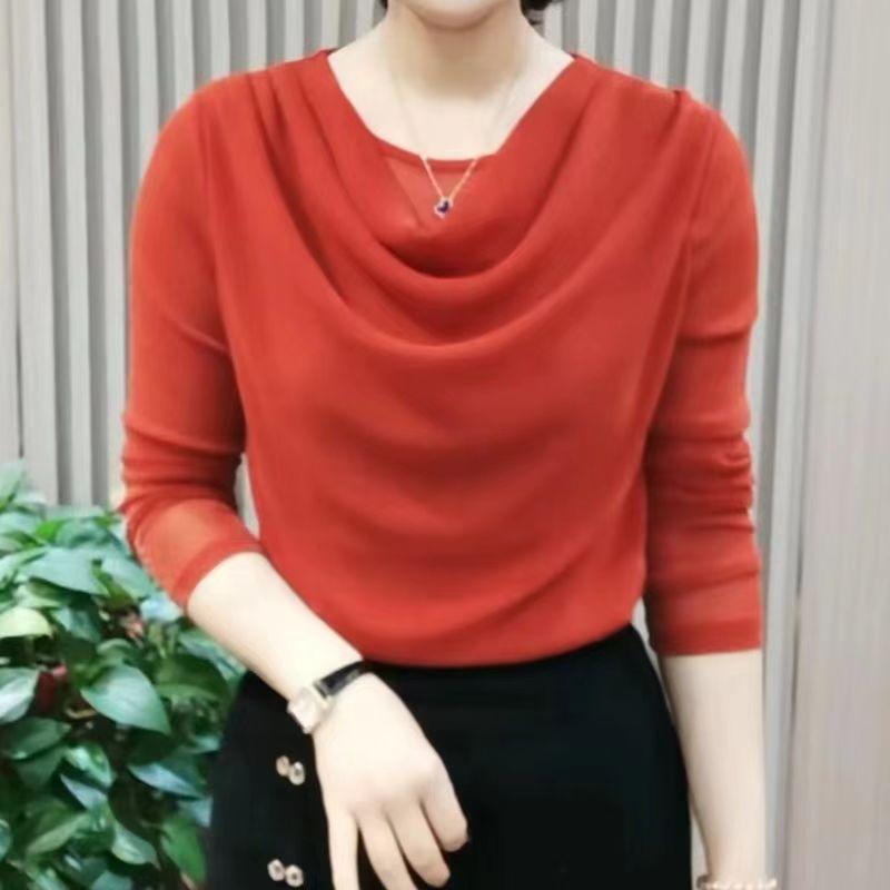 Jaro Podzim Síťovina Úzké Základní Tričko Dlouhý Rukáv Skládané Jednobarevné Tenké Vrchní Díly Trička Vintage Kancelářské Dámské Oblečení