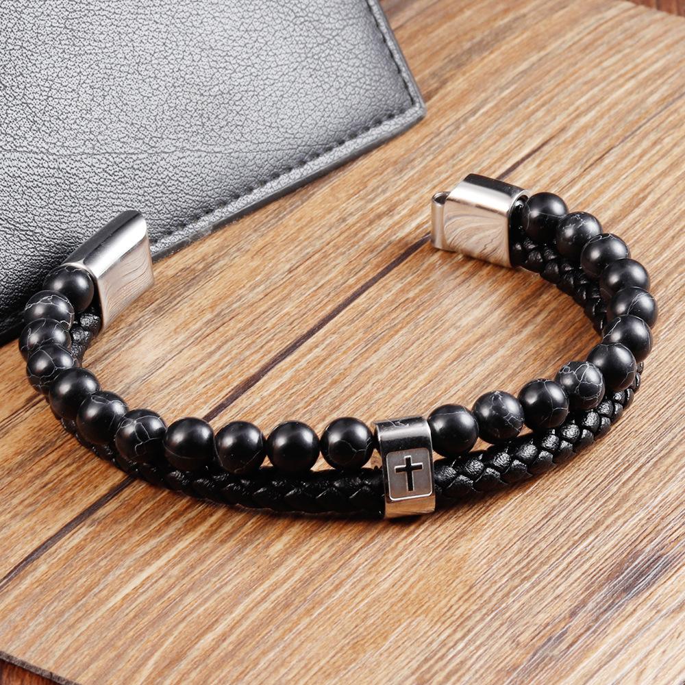 Leather Rope Cowhide Men's Cross Leather Woven Bracelet Natural Stone Multi-layer Leather Bracelet