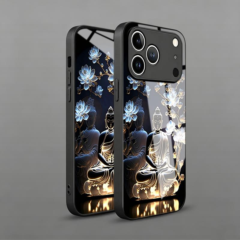 Lotus Creative Buddha Statue Tempered Glass Phone Case For iPhone 17 13 12 11 Pro Max 16 15 14 Plus 16E 17Air X XR XS 7 8 Cover