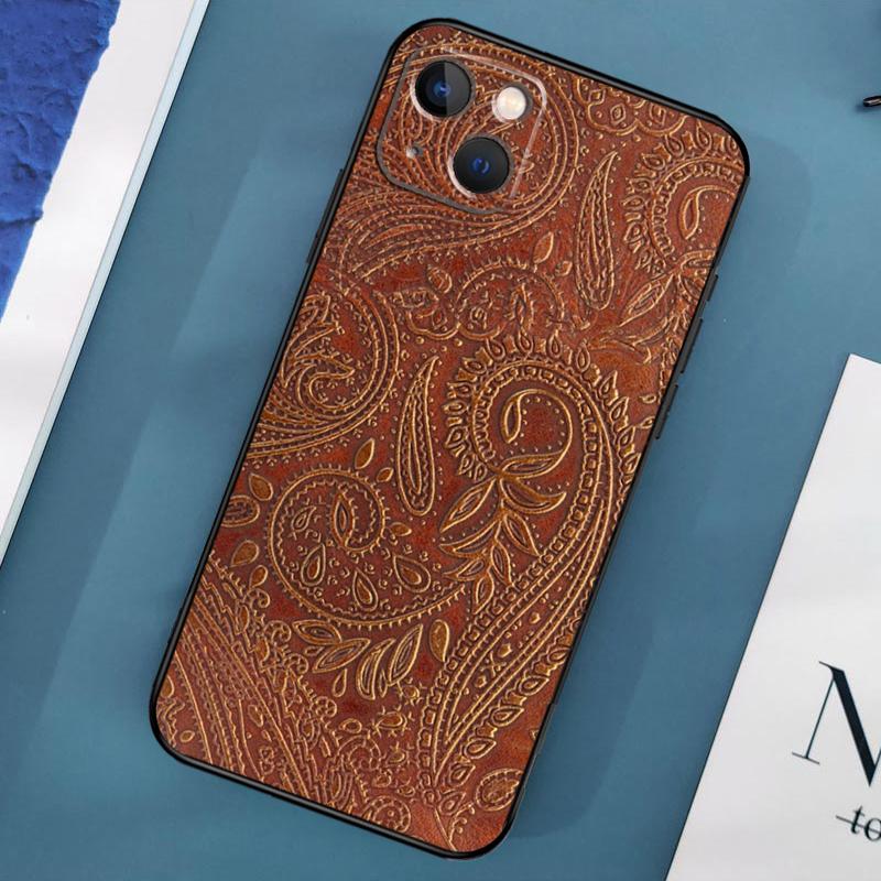 Brown Tooled Leather Pattern Case For iPhone 15 11 12 13 14 Pro Max 12 13 Mini X XS Max XR 7 8 Plus SE 2020 Cover Coque