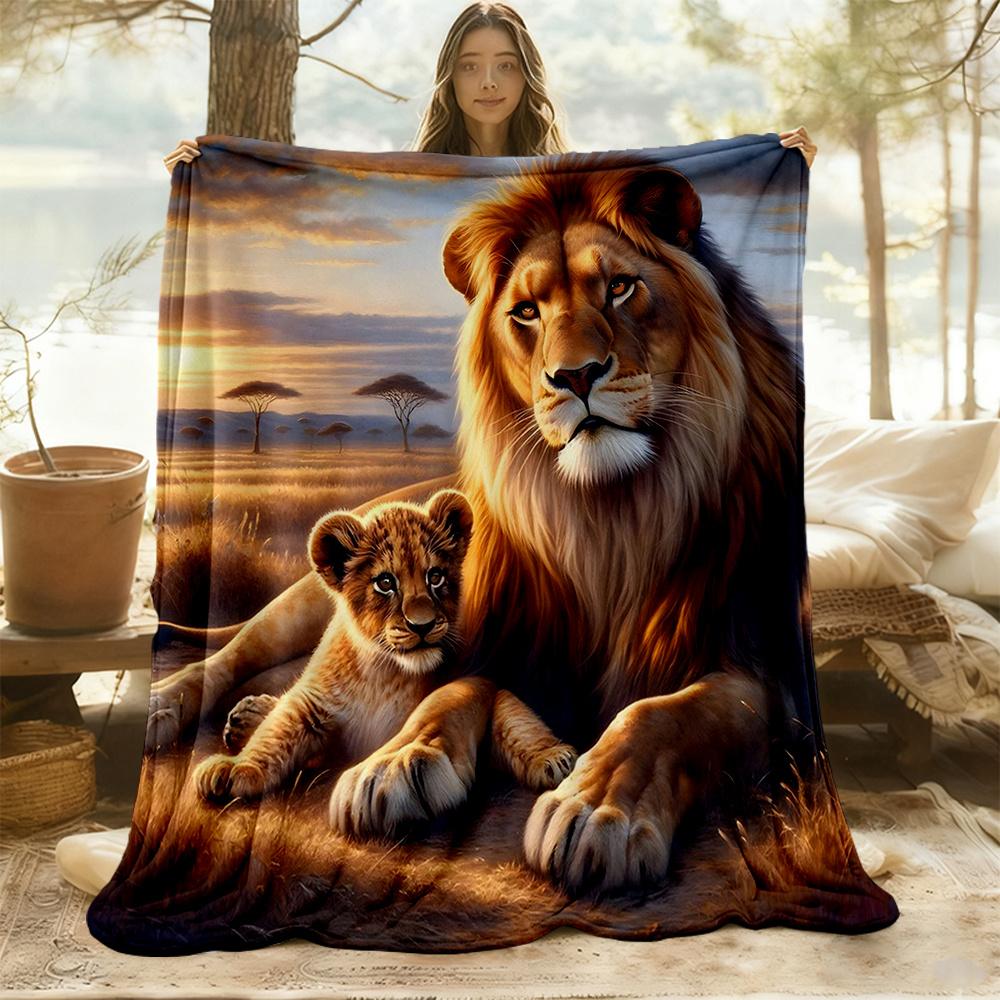 1pc Lion Cubs Flannel Blanket, Comfortable and Warm Blanket, for Camping Sofa Bed and Couch Office040