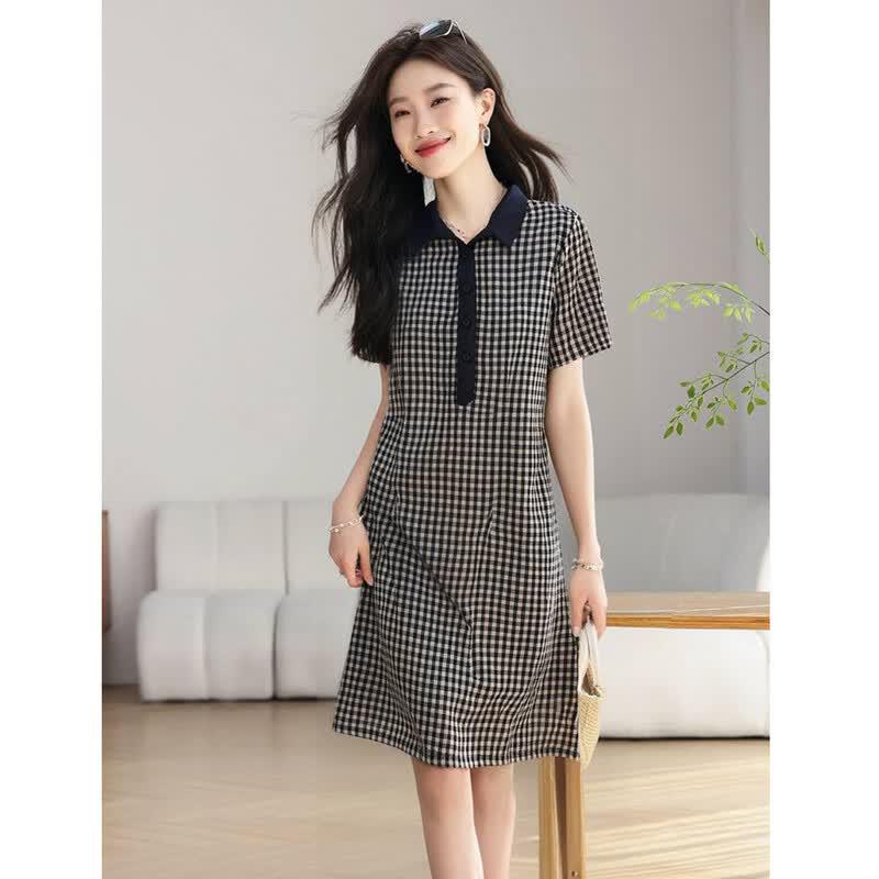 D.F.DEAR Women's Petite Plaid Patchwork Polo A-Line Dress