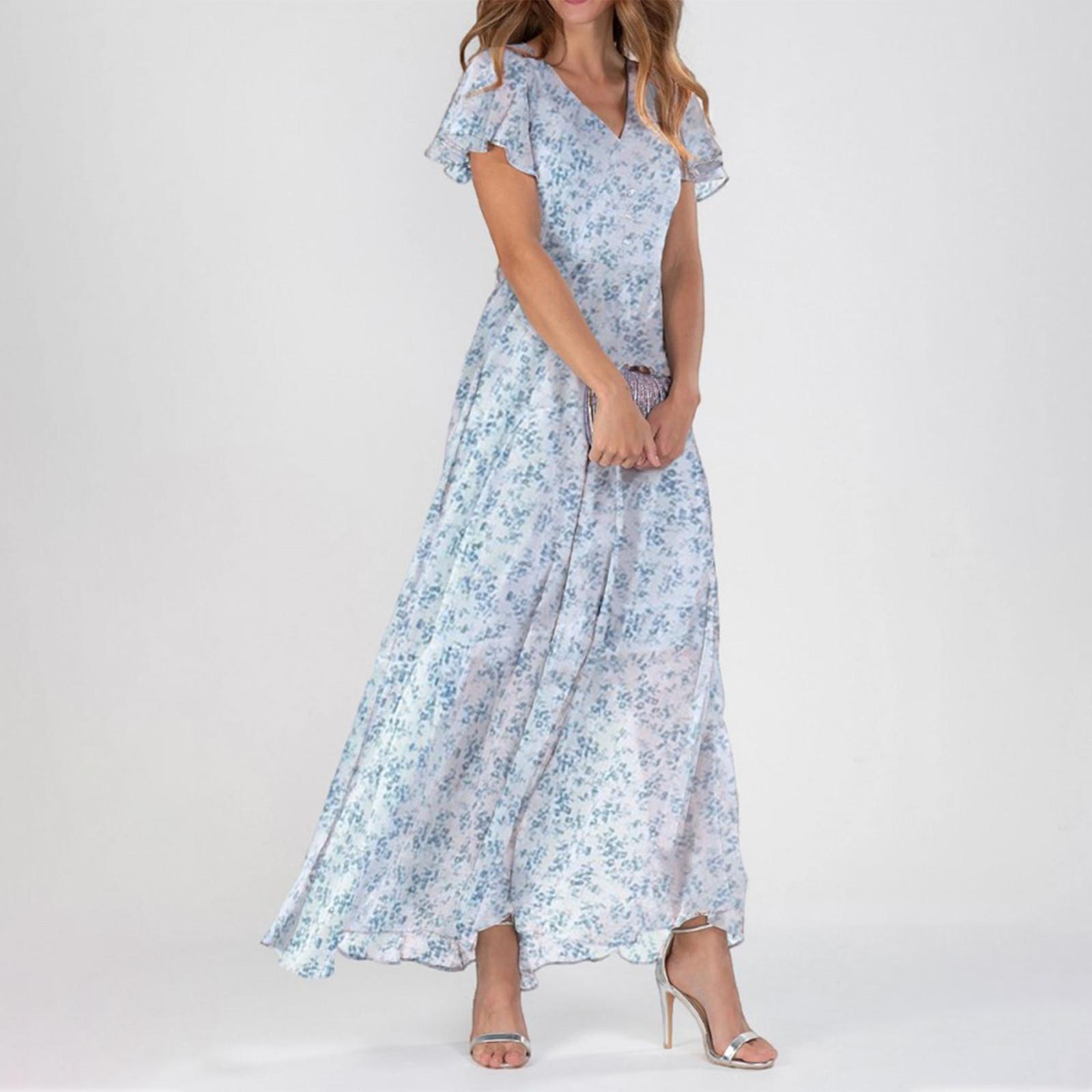 

Женские летние платья Повседневные платья макси с короткими рукавами Милые макси-платья с цветочным принтом Платья для гостей свадьбы Шифоновые струящиеся платья XL