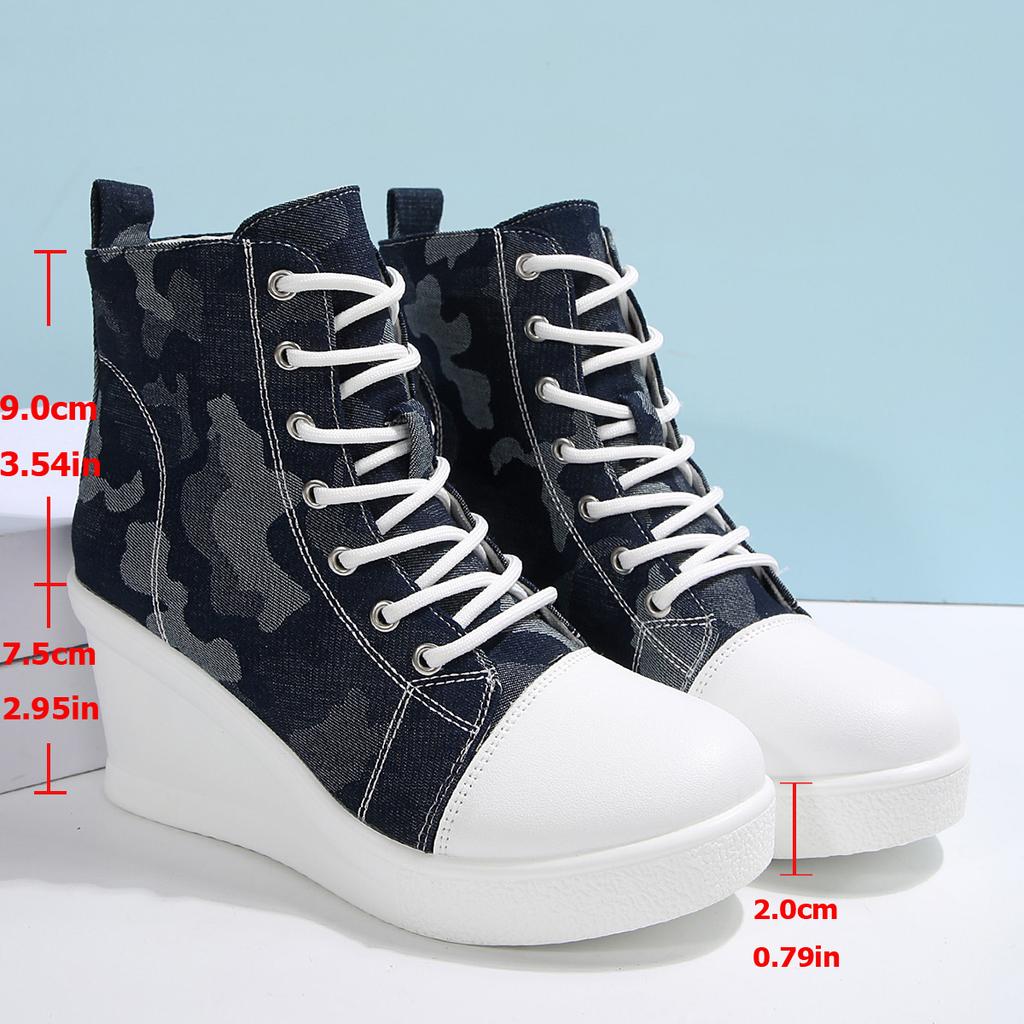Women's High Top Wedge Sneakers Fashion Blue Camouflage Canvas Shoes Woman Lightweight Lace Up Platform Ankle Boots for Women
