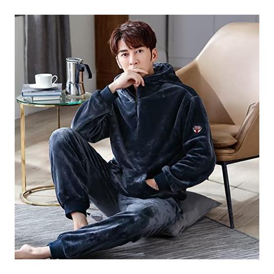 [D.IIZOO] Parka Style Long Sleeve Fluffy Pajamas Men's Winter Top and Bottom Set Room Wear Loose Warm Cold Protection Loungewear Fleece Lined Pajamas