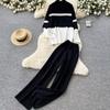 Casual and Fashionable Knitted Autumn and Winter Loose Long-sleeved Contrasting Color Top, High-waisted Slimming Wide-leg Pants Set for Women