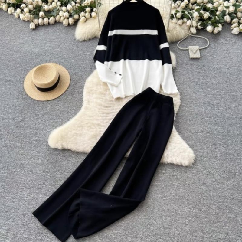 Casual and Fashionable Knitted Autumn and Winter Loose Long-sleeved Contrasting Color Top, High-waisted Slimming Wide-leg Pants Set for Women