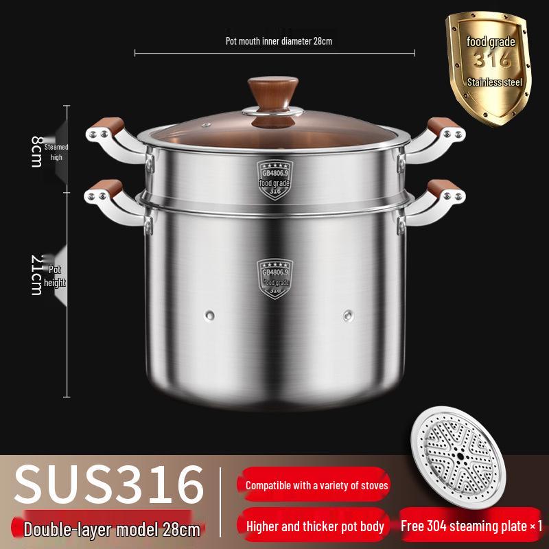 316 Stainless Steel Large Capacity Stock Pot for Stewing, Broiling, and Steaming, Food-Grade and Integrated Molding Design.