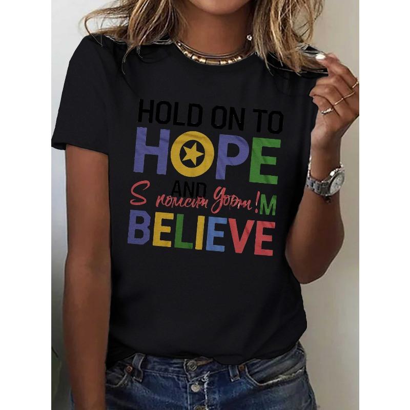 Women's Russian Hope Cyrillic "Hold On To Hope" Print T-Shirt White Casual Short Sleeve Russian-Themed Top