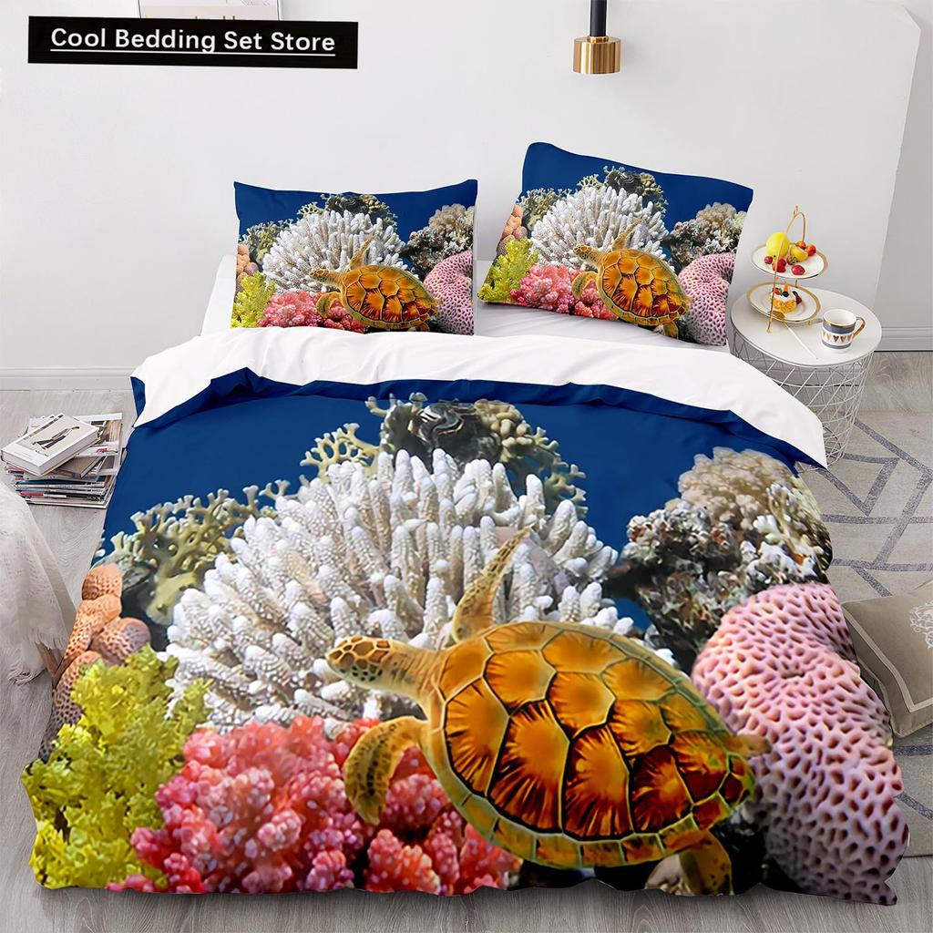Underwater World King Queen Duvet Cover Cartoon Ocean Animal Bedding Set for Kids Fish Coral Sea Life Soft Polyester Quilt Cover
