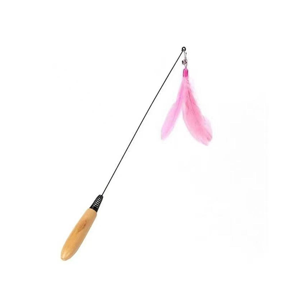 Wooden Handle Spring Teasing Cat Stick Simulation Fishing Rod Interactive Cat Teaser Stick Feather Replaceable Bell Squeaky Cat