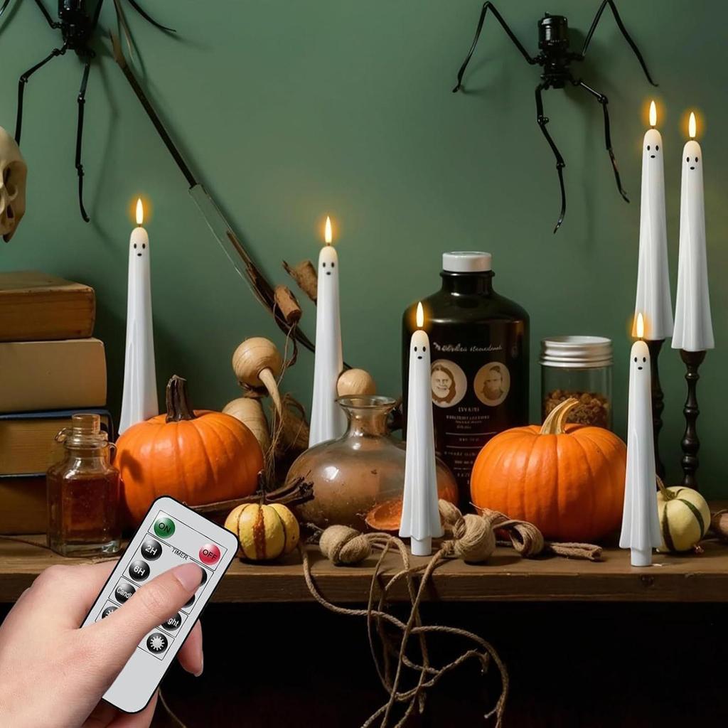 2pcs Flameless Flickering LED Candles Light Ghost Face Taper Candles with Remote Control and Timer Halloween Holiday Decorations
