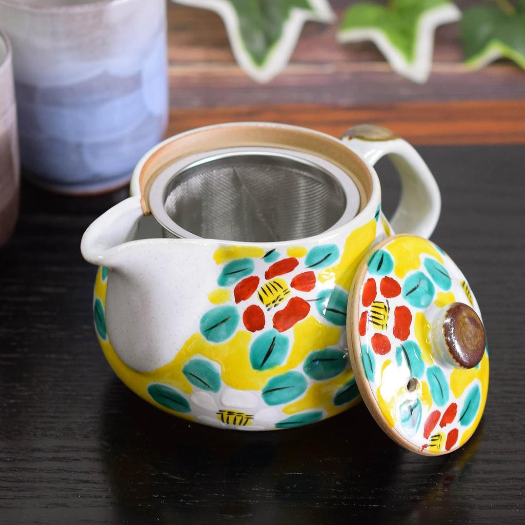 Waza No Kura: Stylish Kutani Ware Teapot with Floral Pattern and Tea Strainer. A Premium Ceramic Brand from Japan. A Great Birthday Gift.