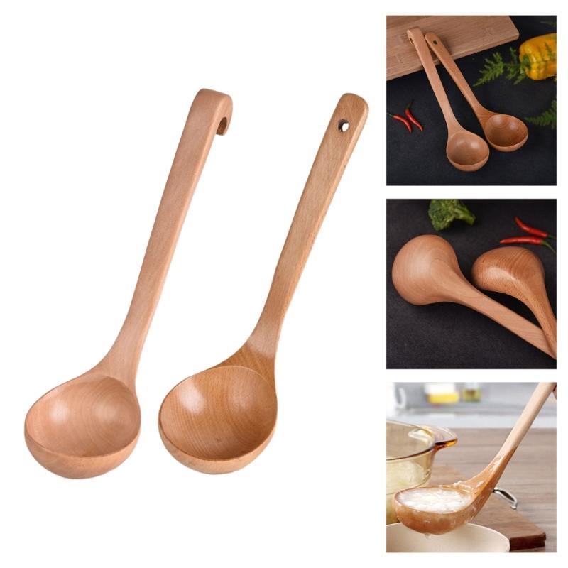 Heat Resistant Wooden Spoon with Long Hook-End Handle Ladle Scoops For Stirring Soup Stews And Hot Dishes Kitchen Tool