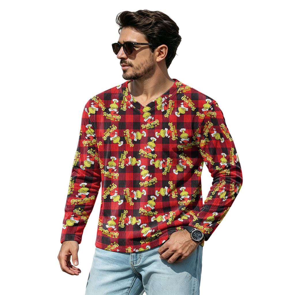 Men's Casual Street Loose Fit V-Neck Christmas Print Shirt