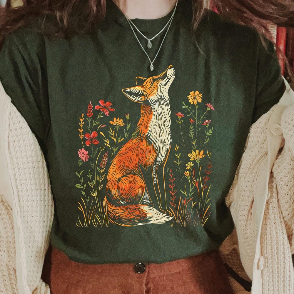 Vintage Wildflower Fox Comfort Shirts Light Academia Cottagecore Forestcore Whimsical Shirt Casual Daily Y2K Top Streetwear