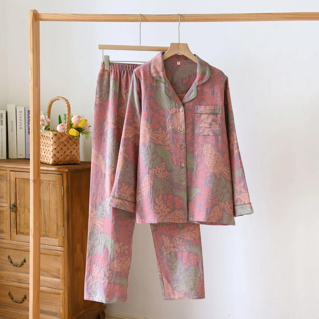 Color Woven Cotton Women's Home Clothes Retro Style Long Sleeve Long Trousers 2 Pcs Pajamas Thin Pijamas Women Clothing Set