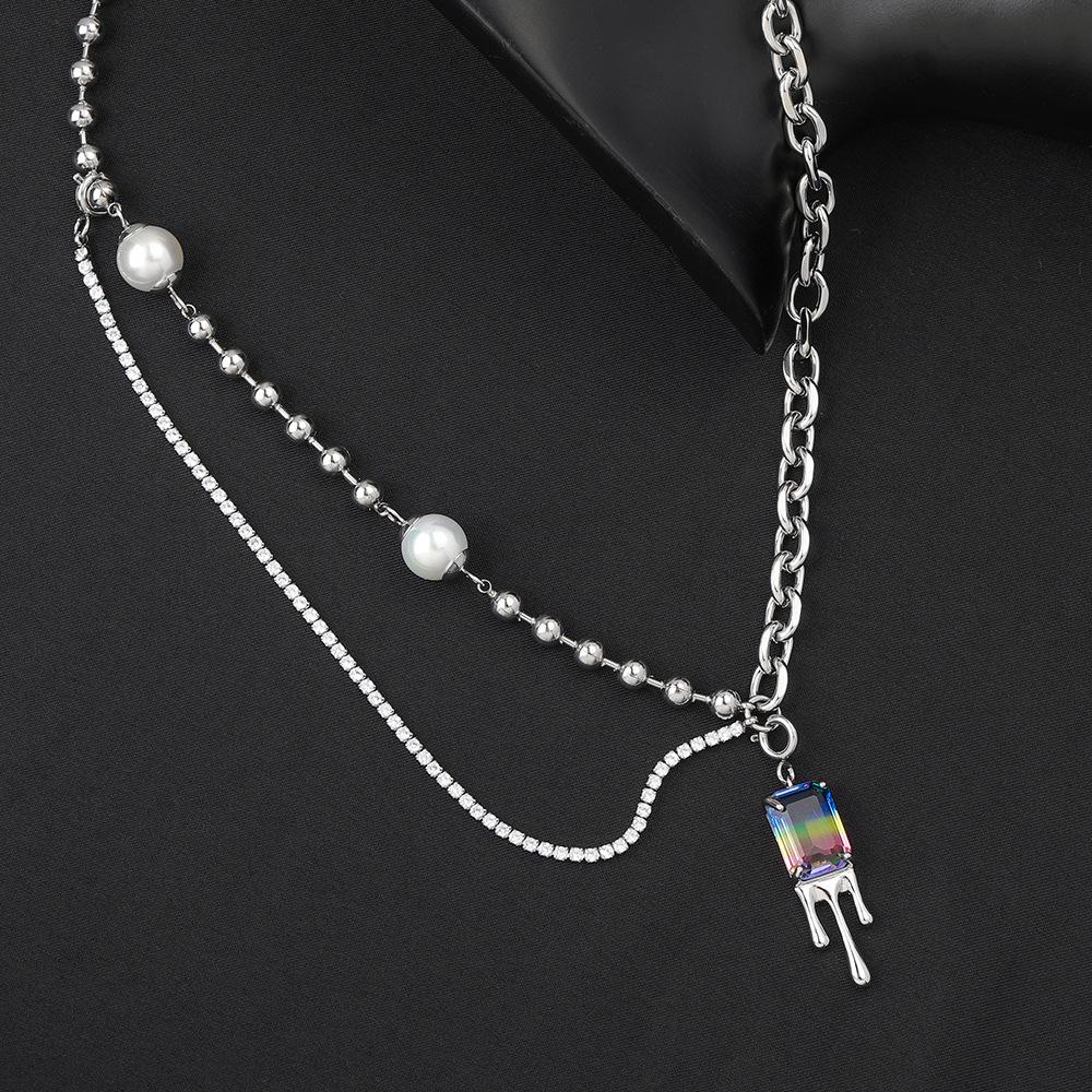 

Luxury Pearl & Titanium Steel Necklace with Colorful Zircon, Hip-Hop Style
