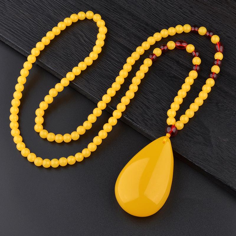 Resin Imitation Beeswax Water Drop Pendant Necklace - Ethnic Style Long Sweater Chain for Men & Women
