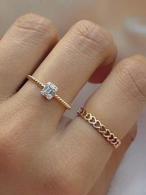 2pcs Minimalist Cubic Zirconia Ring with Hollow Heart Splicing Opening Ring Wedding Party Jewelry