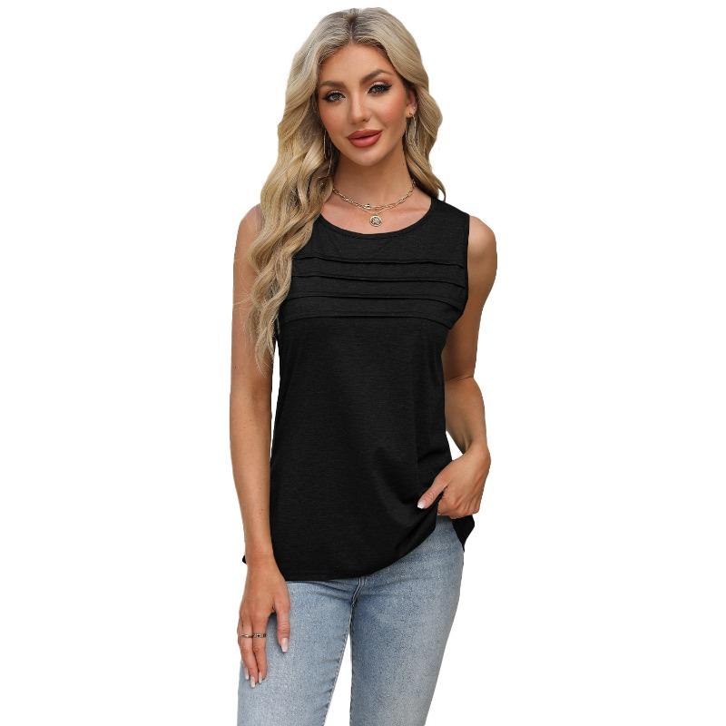 Women's New Spring/summer Solid Colour U-neck Pleated Vest T-shirt