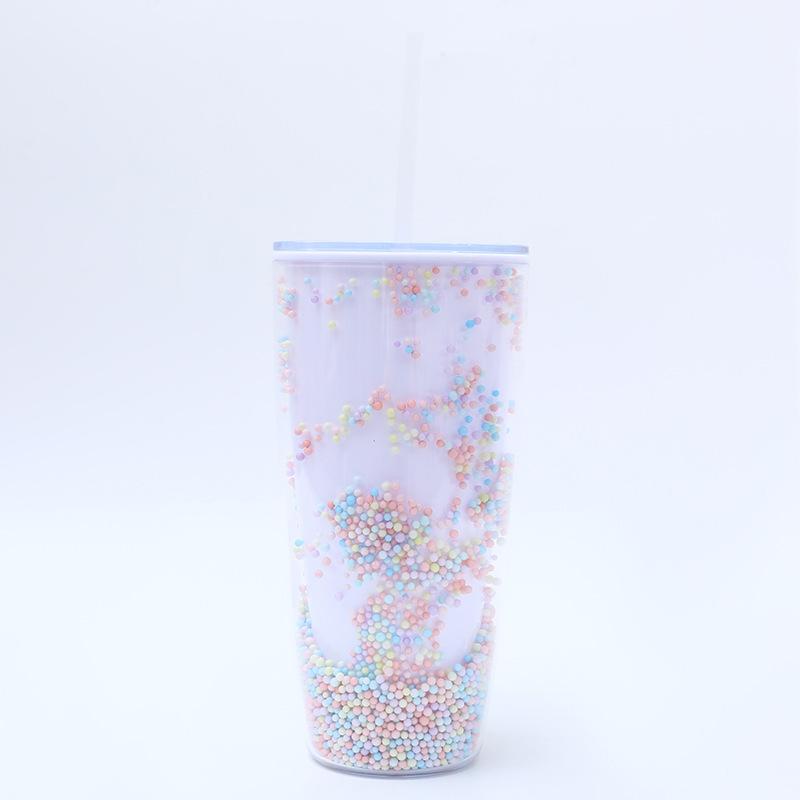 Water bottle fashion creative rainbow plastic bubble cup summer cute couple straw cup Internet celebrity foam double layer crushed ice cup