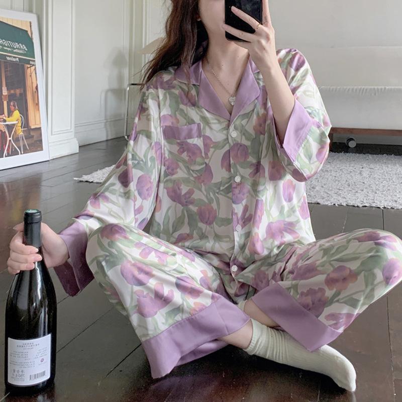 Purple Tulip Ice Silk Pajamas Women'S Summer Sweet And Gentle Can Be Worn Outside Long-Sleeved Loungewear Women'S Two-Piece Set