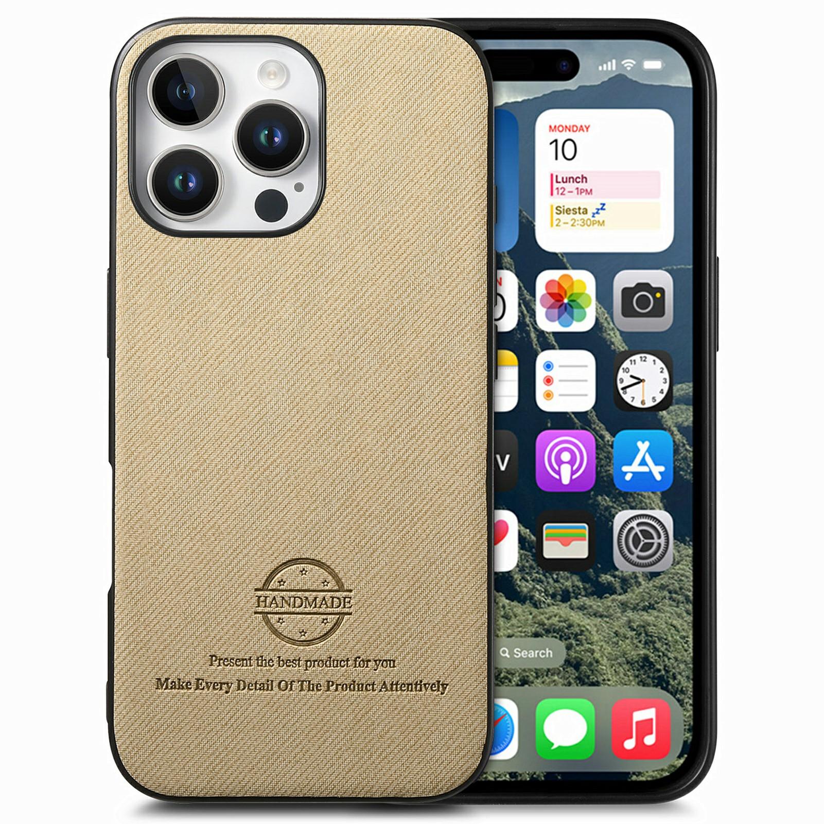 

For iPhone 16 Pro Max Case Cloth Texture Leather+PC+TPU Anti-Drop Phone Cover Khaki